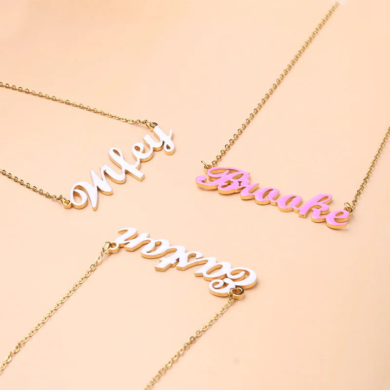 Custom 18K Gold & Stainless Steel Initial Enamel Letter Necklace for Girls Personalized Link Chain