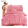 2022 New Fashion American Style Cotton Princess Lace Rose Red 4PCS Set Wedding Bedding Set Turkey for Adults Home Hotel