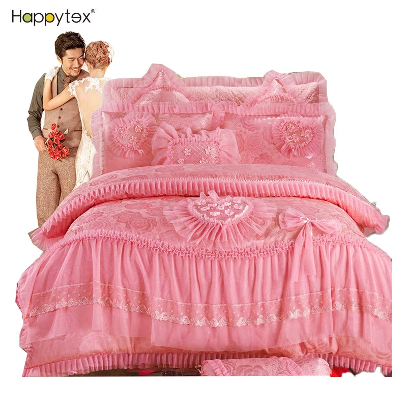 2022 New Fashion American Style Cotton Princess Lace Rose Red 4PCS Set Wedding Bedding Set Turkey for Adults Home Hotel