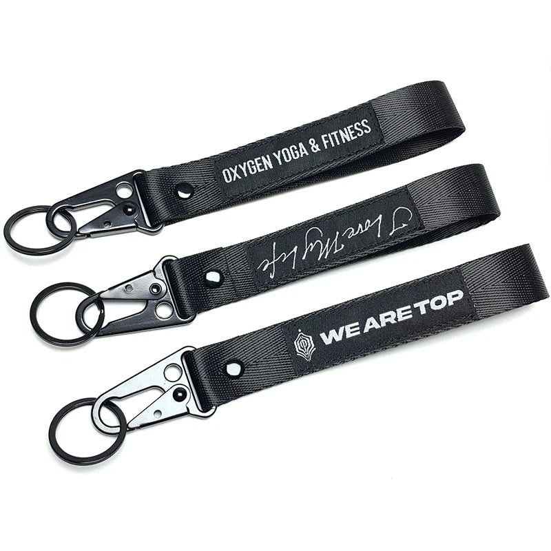 Customized Polyester Thick Black Short Carabiner Keychain Lanyard with Hook 25mm Woven Strap and Logo