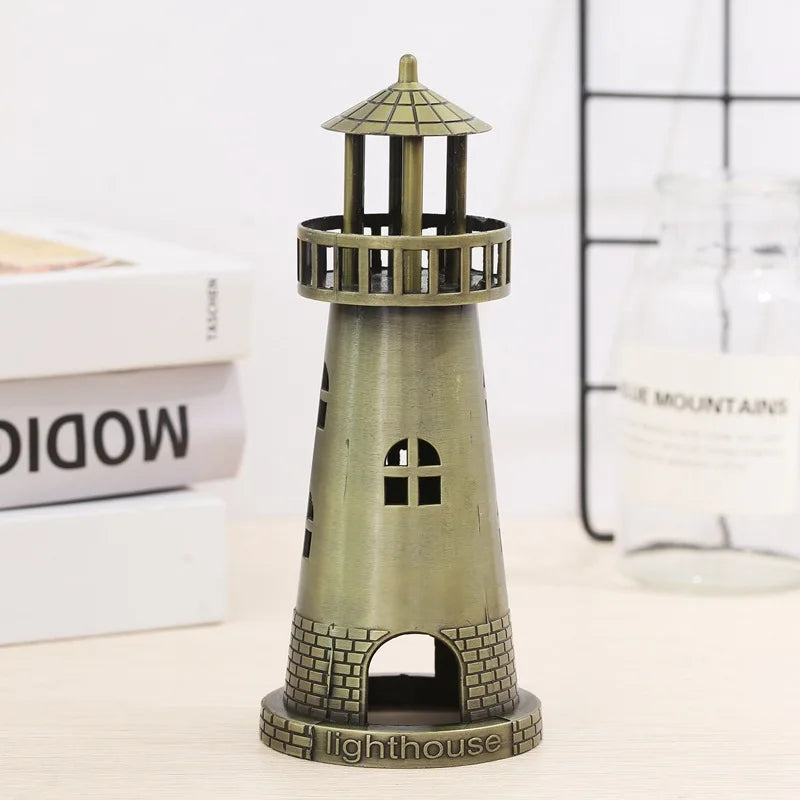 Antique Metal Lighthouse Tower Figurine Pharos Model Beacon Lighthouse Statue for Home Office Decor