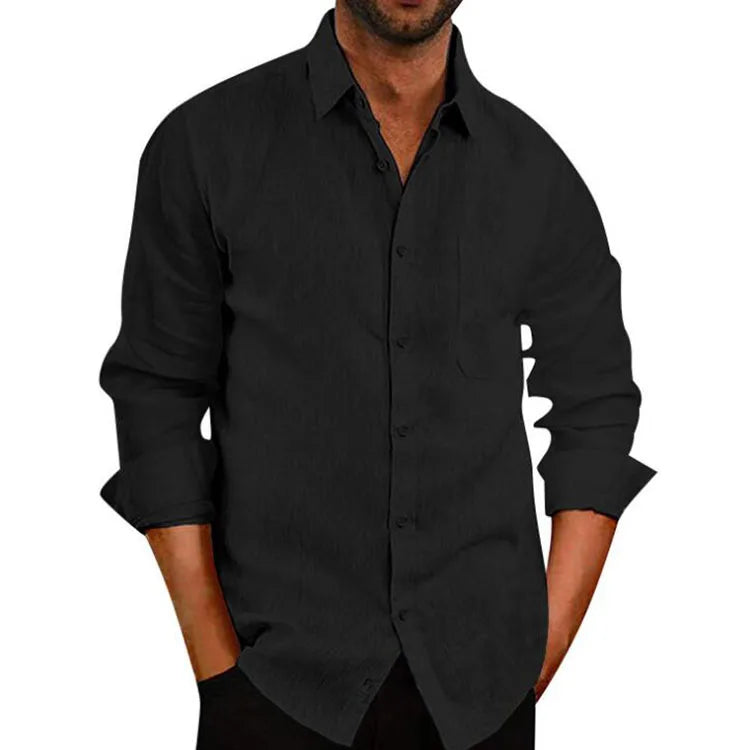 Men's Casual Loose Linen Long Sleeve Shirt New Turn Down Collar Solid Color Breathable and Sustainable for Autumn Season MegaBDM
