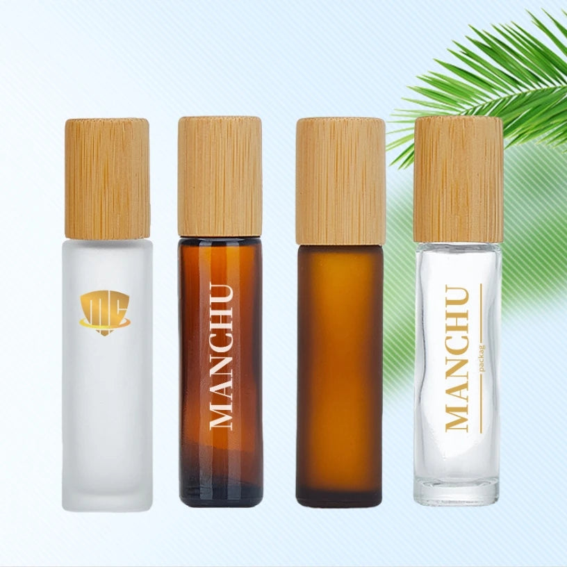Empty 10ml Essential Oil Roller Bottle Frosted Glass Roller on Bottle Vial with Bamboo Lid for Perfume
