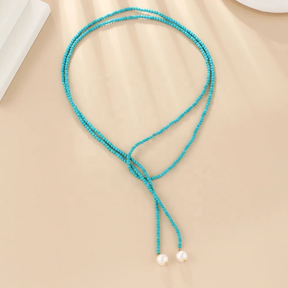 Boho Style Women's Long Chain Multi-Layer Beaded Necklace Set Turquoise Pearl Wedding Anniversaries Religious Jewelry