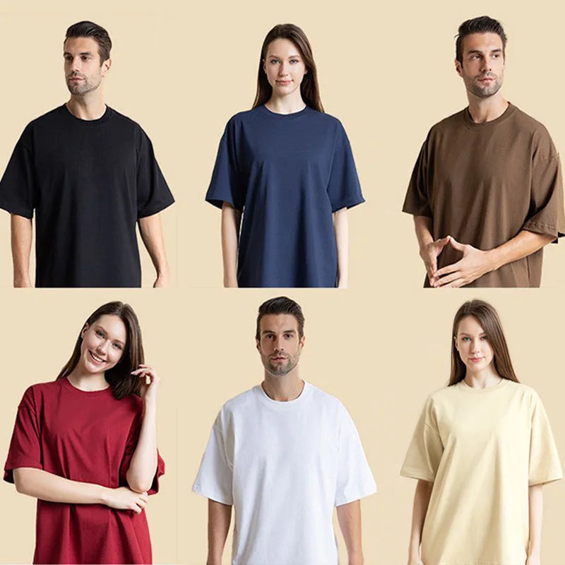 Men's And Women's Cotton T-shirt Double Yarn Loose Shoulder European And American Solid Color Oversize Round Neck Short Sleeve