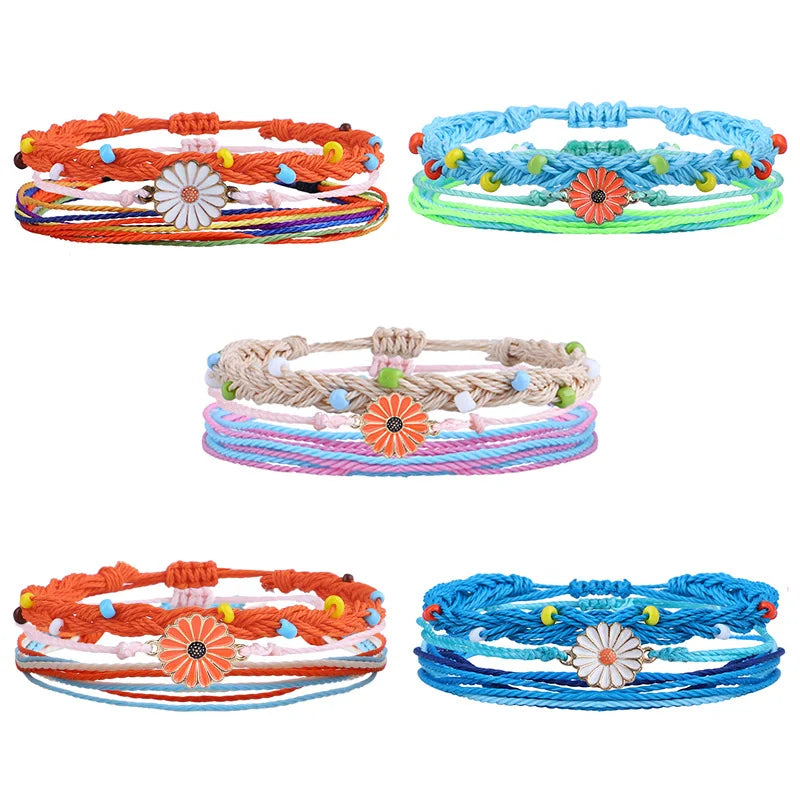 Welwish Women Handmade Bohemia Colorful 3 Pcs Set Sunflower Rope Bracelet for Girls Gift