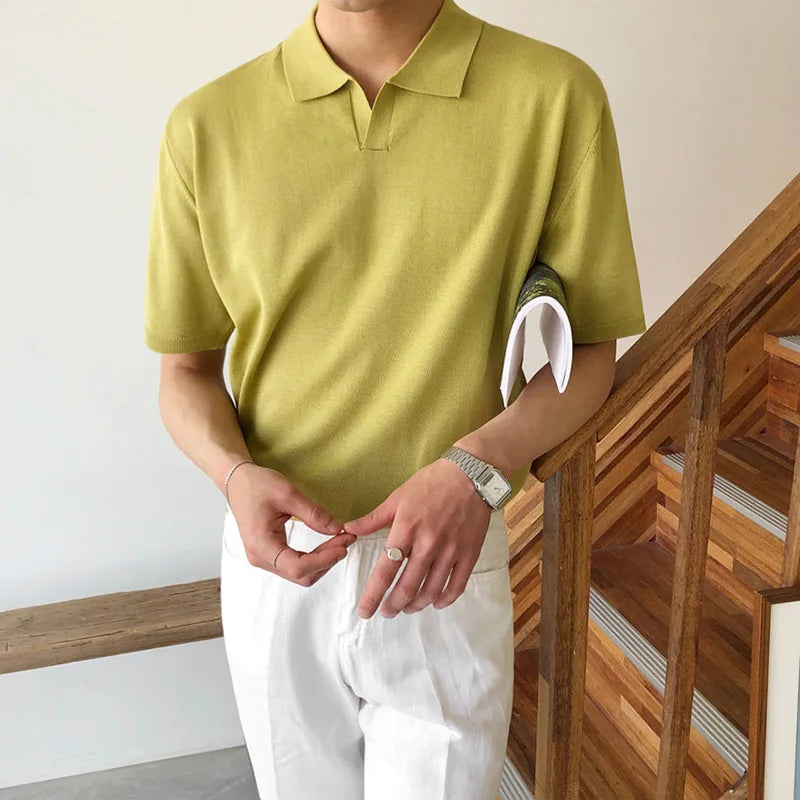 Wholesale Men's Custom Label Solid Color Knit POLO Shirt Short Sleeve Ice Silk Breathable Loose Casual Base Shirt Heavy T-shirt