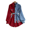RNSHANGER Korean Style Asymmetric Ladies' Blouses Fashion Autumn Splicing Lapel Long Jeans Denim Top Shirt With Belt