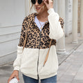 2025 Women's Stylish Leopard Colorblock Plush Fleece Zip-Up Hooded Jacket High Collar Detachable Feature Casual Outerwork for