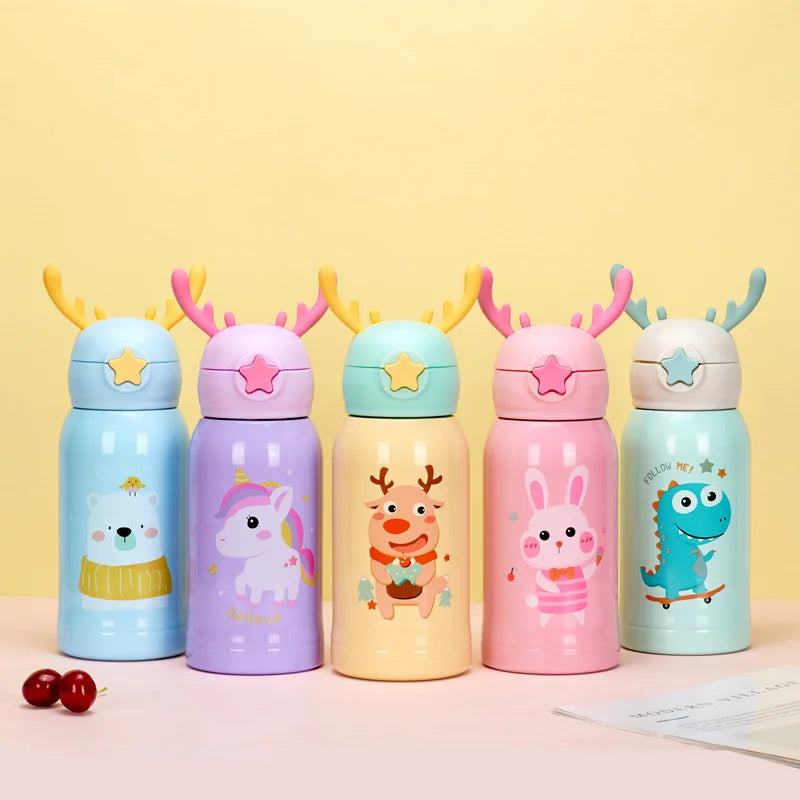 Cute Cartoon Vacuum Antler Children's Flask Double Wall 316 Stainless Steel Hot Water Drinking Bottle for Kids with Rope