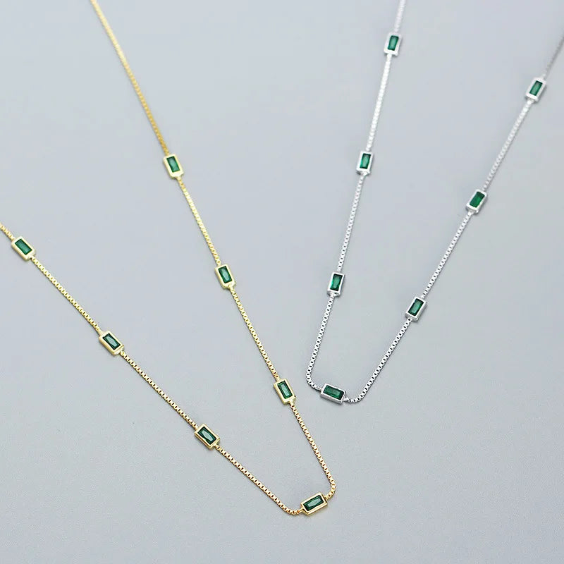 Box Chain Green Cubic Zircon Square Shape Choker Necklaces Jewelry for Women Sterling Silver 925 Party Gifts