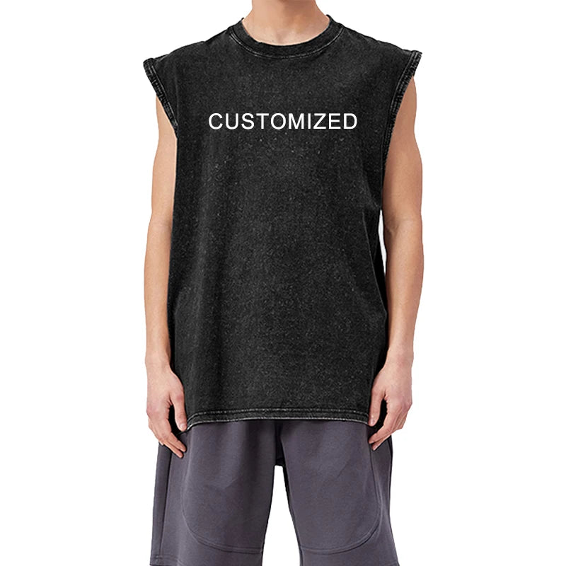 Washed Double Needle Sleeveless Men's T-shirt Cut and Sew Loose Faded Men's T-shirt Vintage Cotton Crew-neck Men's T-shirt
