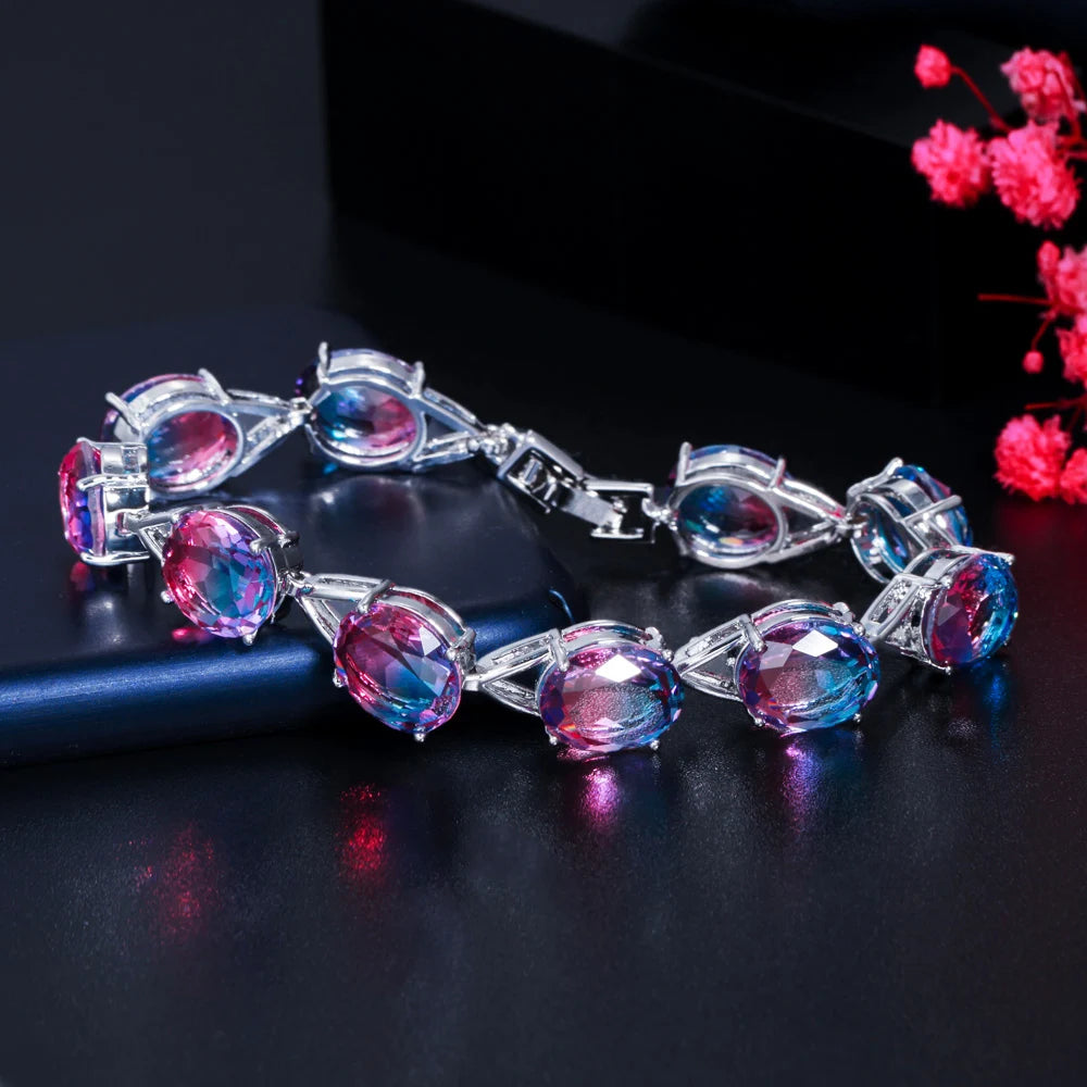 Luxury Oval Cut Mystical Fire CZ Blue Cubic Zirconia Crystal Silver Plated Elegant Women Jewelry Tennis Bracelet Bridal Party