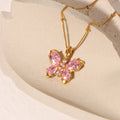 New Popular Products18k Gold Plated Stainless Steel Gift Pink square Crystal Zircon butterfly Pendant Women's Necklace