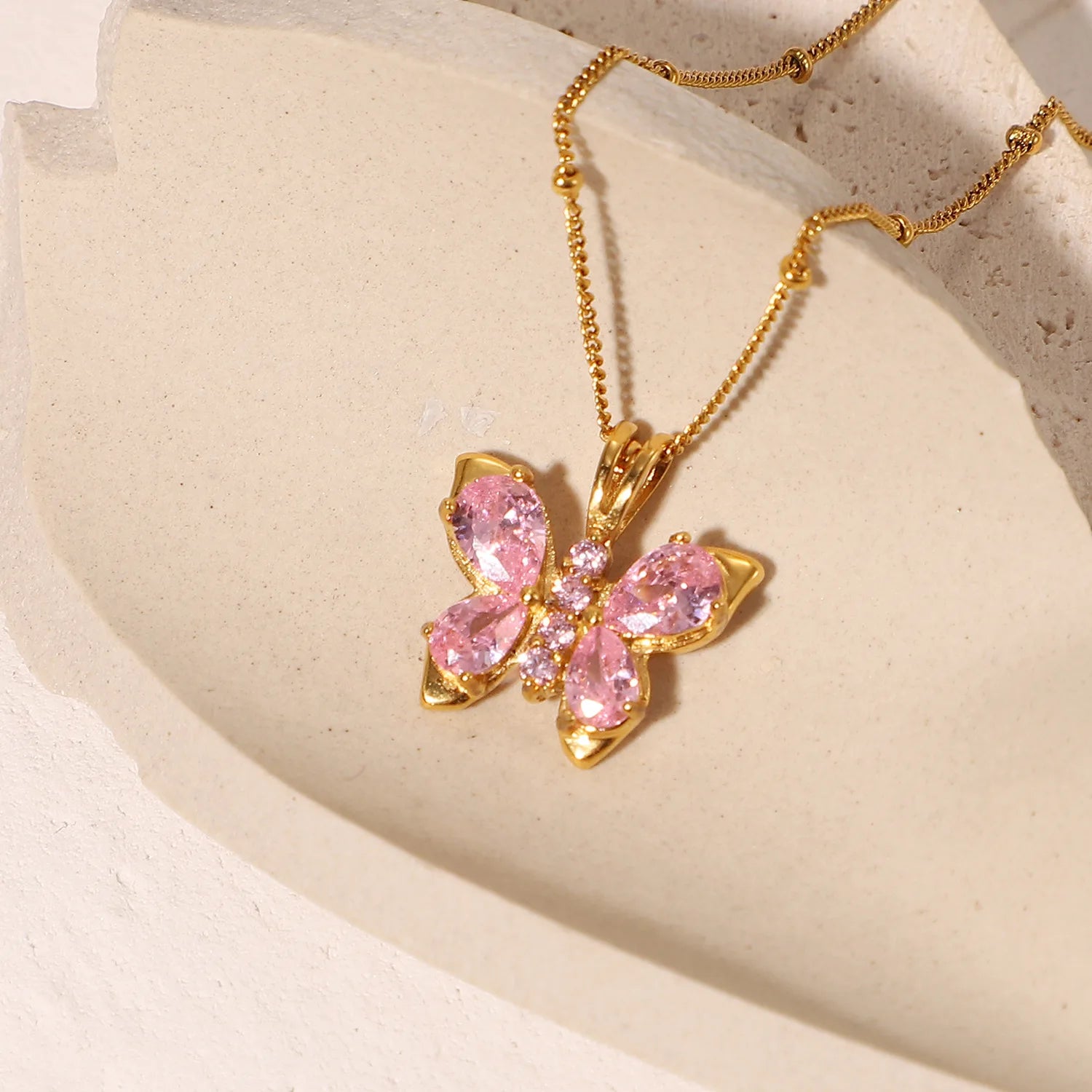New Popular Products18k Gold Plated Stainless Steel Gift Pink square Crystal Zircon butterfly Pendant Women's Necklace