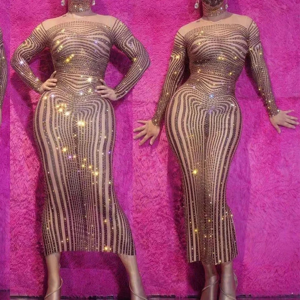 Rhinestones Long Dress Female Singer Dance Printed Costume Outfit Birthday Prom Evening Show Stage Dress