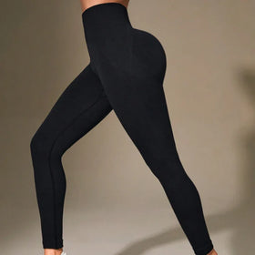 FLW Active Wear Sports Tights Fitness Leggings for Women Scrunch Butt Seamless Yoga Pants Black Elastic Waist Closure Solid