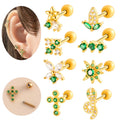 Hengsen Green CZ Flower Snake Cross Stud Cartilage Earring Women Hypoallergenic Stainless Steel Helix Conch Piercing Jewelry