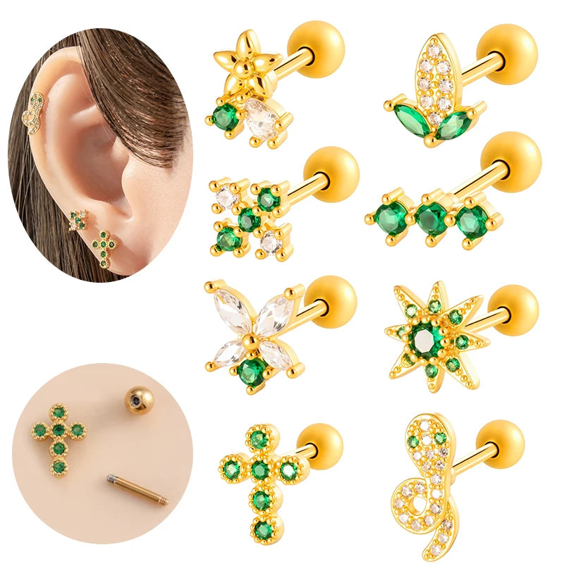 Hengsen Green CZ Flower Snake Cross Stud Cartilage Earring Women Hypoallergenic Stainless Steel Helix Conch Piercing Jewelry