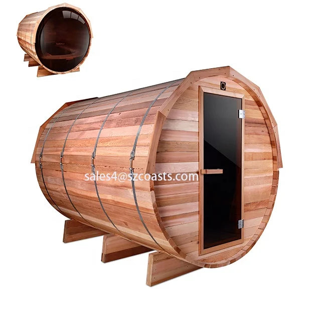 3-4 Person Red Cedar Barrel Sauna Room With Wood Burning Sauna Heater