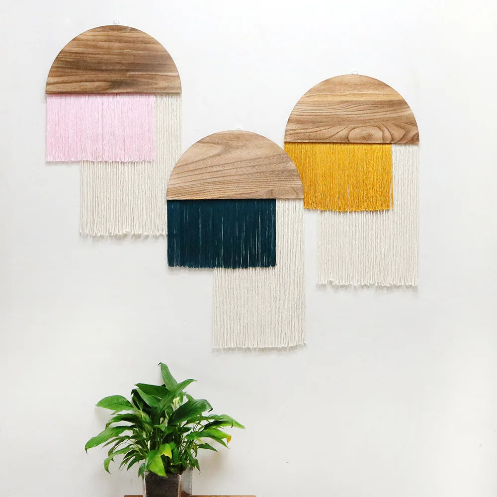 Retro Nordic Wood Cotton Rope Tassel Tapestry Wall Boho Decor Macrame
