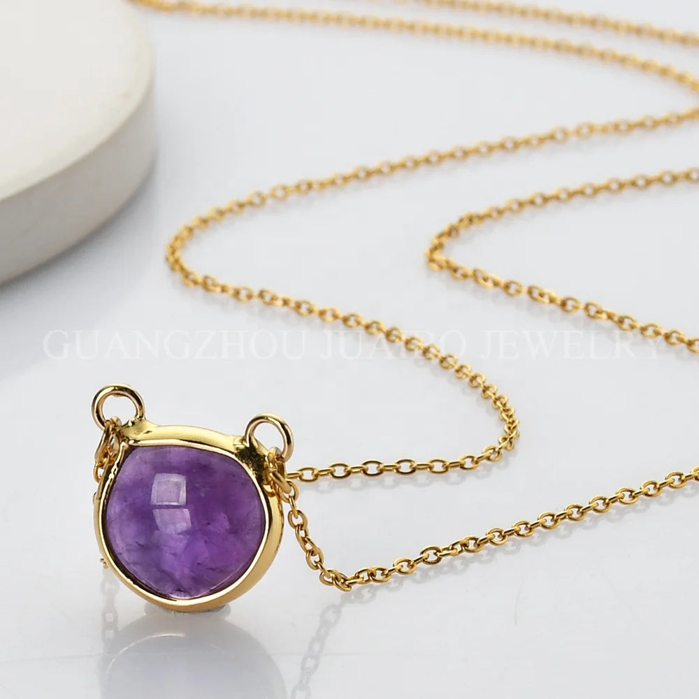 925 Silver Chain Amethyst Round Pendant Fashion Jewelry Necklaces Natural Crystal Necklace
