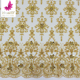 HY2053-1 Same Border Luxury Gold Beads Lace Sequins Tulle Fabrics for European Style Dress