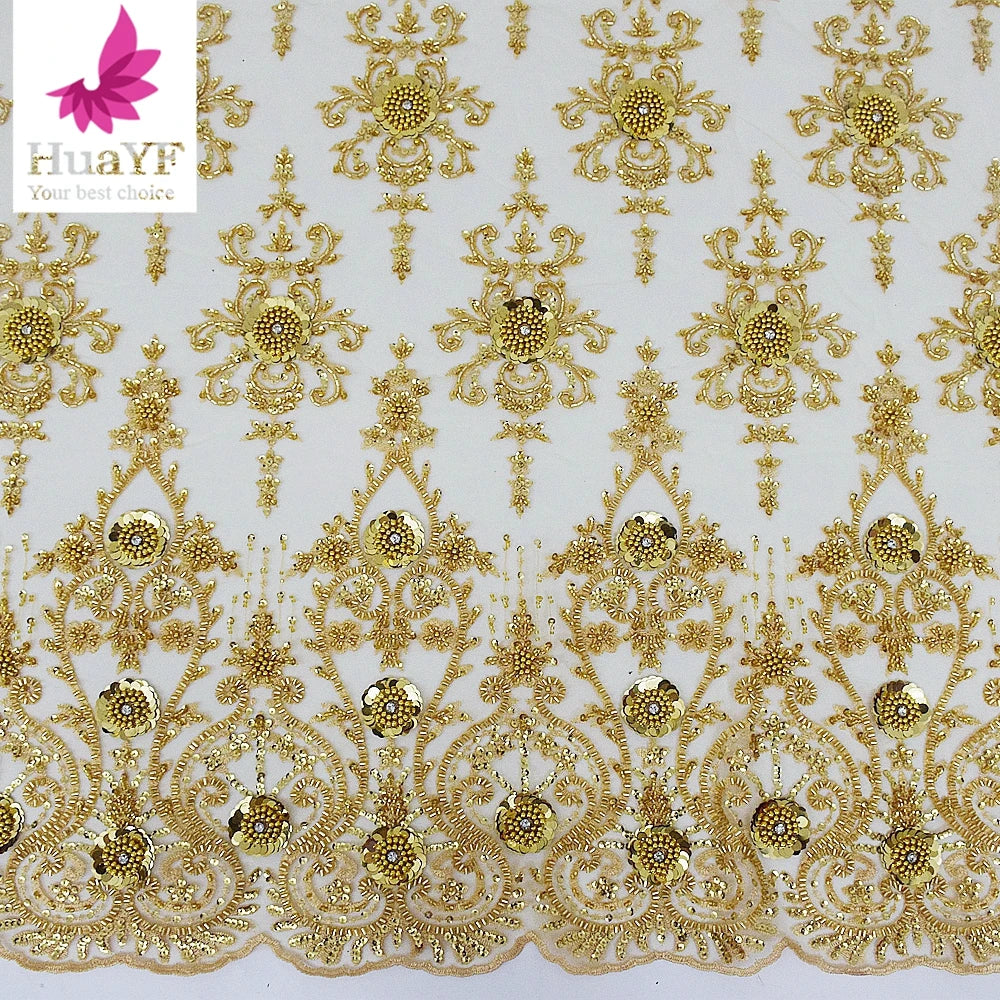 HY2053-1 Same Border Luxury Gold Beads Lace Sequins Tulle Fabrics for European Style Dress