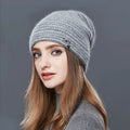 Factory Wholesale Winter Women Angola Wool Knitted Hats Warm Soft Double Layer Beanie