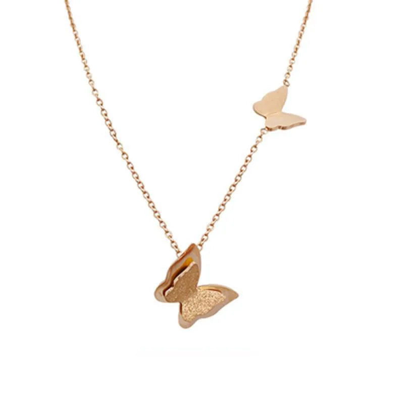 2023 New Trend Fashion Gold Plated Stainless Steel Two Butterfly Clavicle Short Necklace Chain