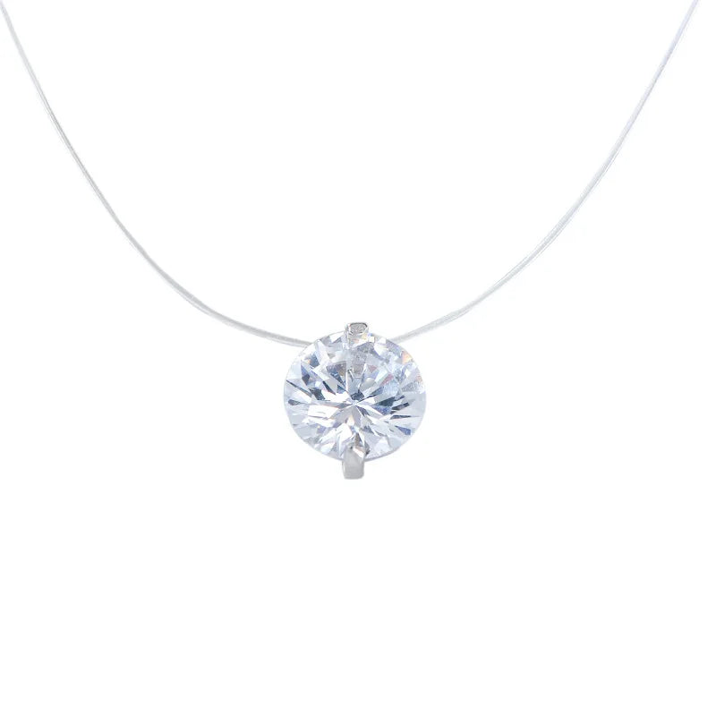 European Trendy Sterling Silver Cubic Zirconia Pendant Necklace Invisible Fishing Line 925 Silver Zircon Diamond Necklace