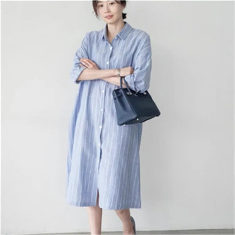 Wholesale 2026 Korean Spring and Autumn Casual Loose Over the Knee Long Sleeve Striped Dress Commuter Style Women's Dress