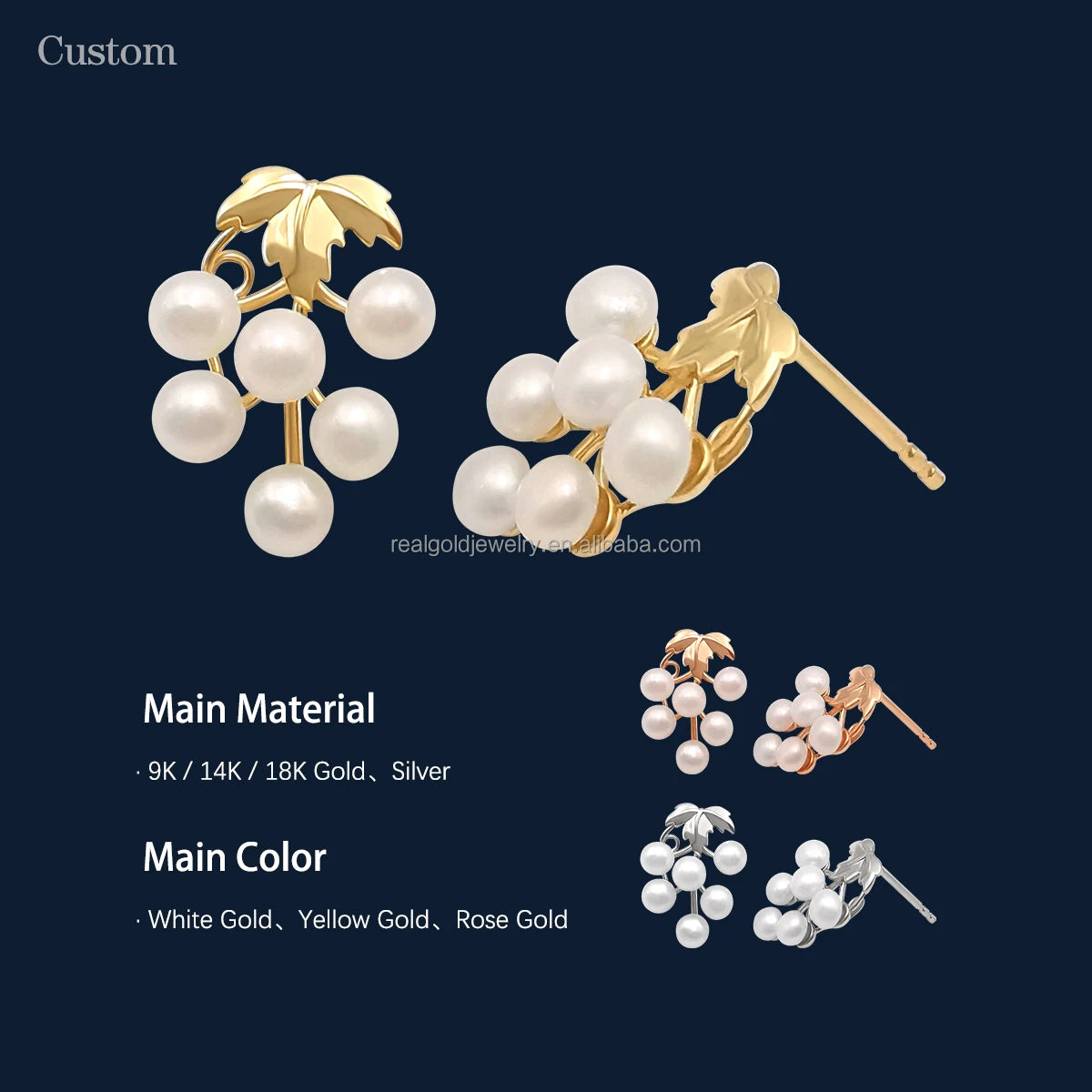 Nice Designed Grape Shaped Pearl Earring Studs Multi Pearls 14K Solid Gold Fruit Earrings Gold Jewelry Earring Girls