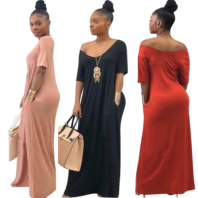 S~3XL New Women Summer Short Sleeve V-neck Floor Length Maxi Dress Classic Beach Holiday Long Loose Dresses Vestidos