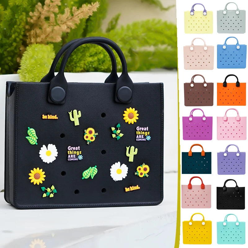 Portable EVA Lightweight Beach Tote Handbag with Open Closure Waterproof Office Work Woman's Bag with Clog Shoe Charm Decoration