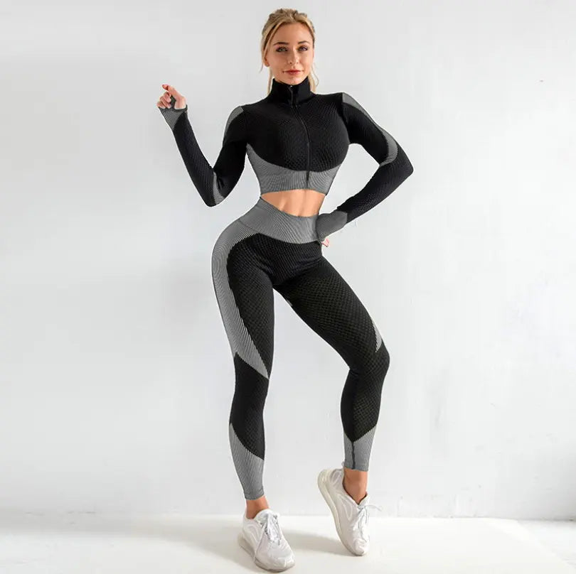 Lanyu Factory Seamless Yoga Set 2 Pieces Gym Workout Athletic Sports Outfit High Waist Leggings Zipper Long Plus Size Breathable