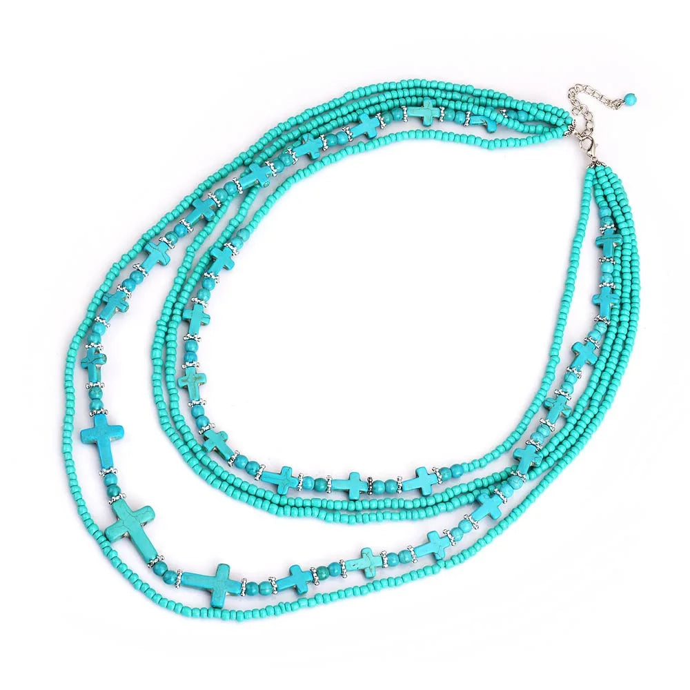 Fashion Boho Cross Turquoise Charm Big Western Necklace Glass Seed Beads African Layered Necklace Women Jewelry