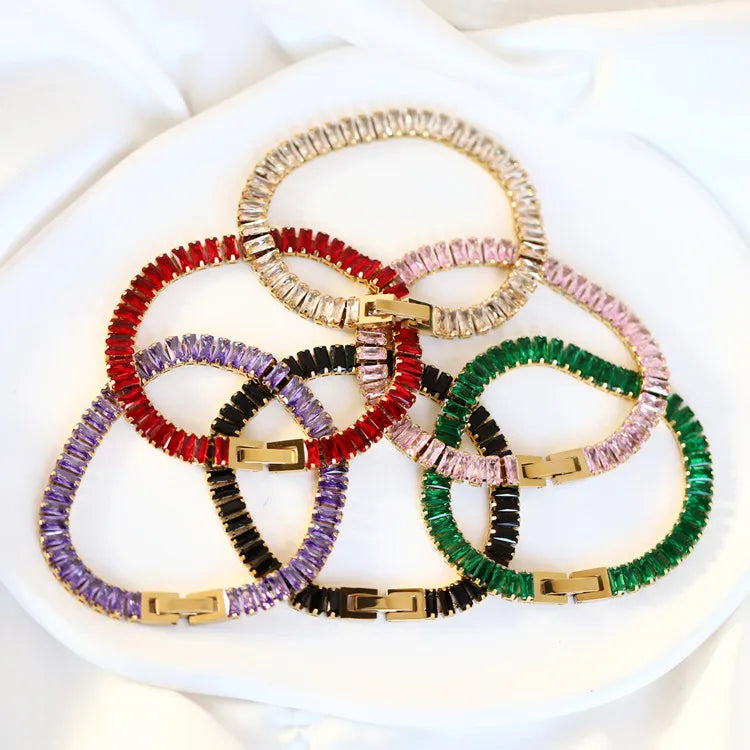 Wholesale Stainless Steel Gold Plated Jewelry Clustered Baguette Diamond CZ Iced Out Zircon Square Tennis Chain Bracelets