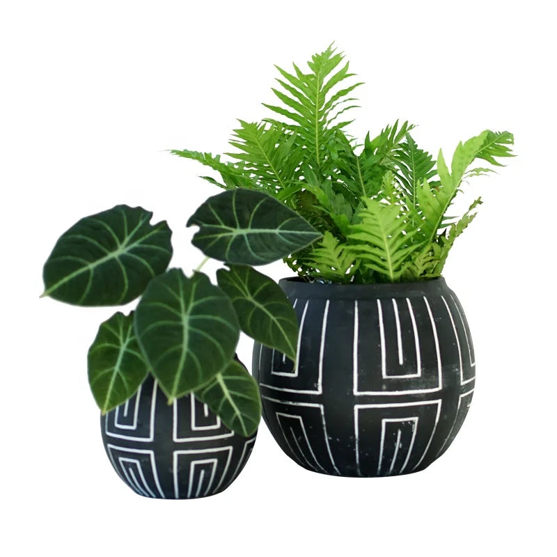 Traditional Design Ball Shape Cement Green Black Vintage Flower Pot 2 Sizes Home Garden Decor Drainage Hole Plant Pot 2 Sizes