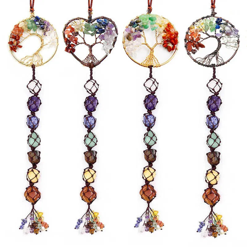 Seven Color Crystal Original Stone Handwoven Pendant Natural Stone Life Tree Pendant Dream Catching Net Pendant