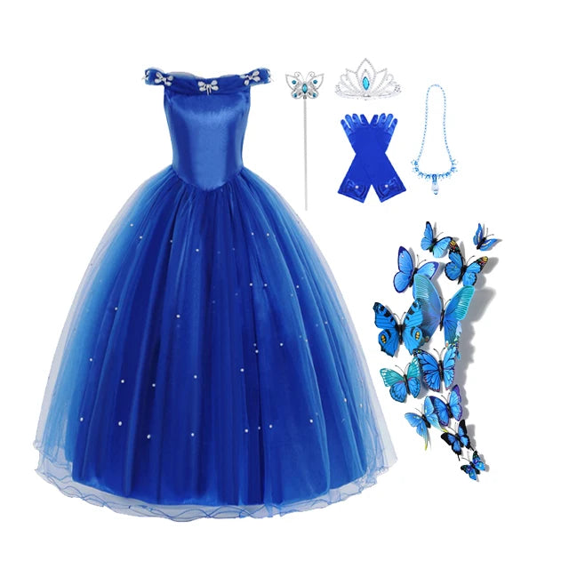 Best Selling Fancy Girls Festival Stage Costumes Kids Beauty Blue Cind Princess Cosplay Party Butterfly Princess Dress