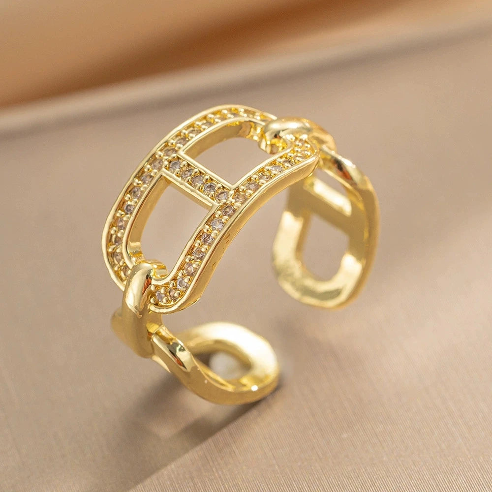 Women's Hollow Pig Nose Ring Zircon Niche Open Index Finger Ring Four-Leaf Clover Lightly Inlaid Zircon Ring 14K Gold Plated
