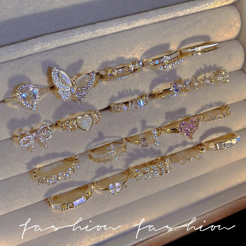 Korean Luxury Adjustable Pearl Zircon Finger Ring Women Fashion Shiny Open Cz Knuckle Geometric Zircon Adjustable Rings