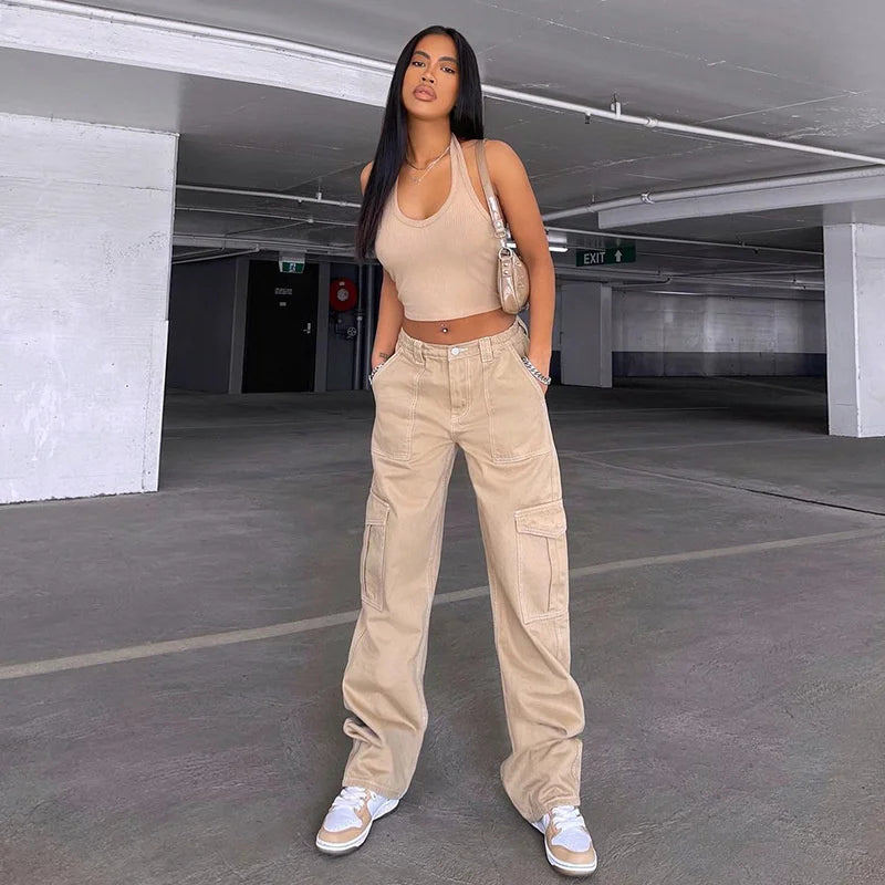 High Waisted Casual Straight Wide Leg Trousers Streetwear Cargo Pants Women Baggy Pants  with Pockets