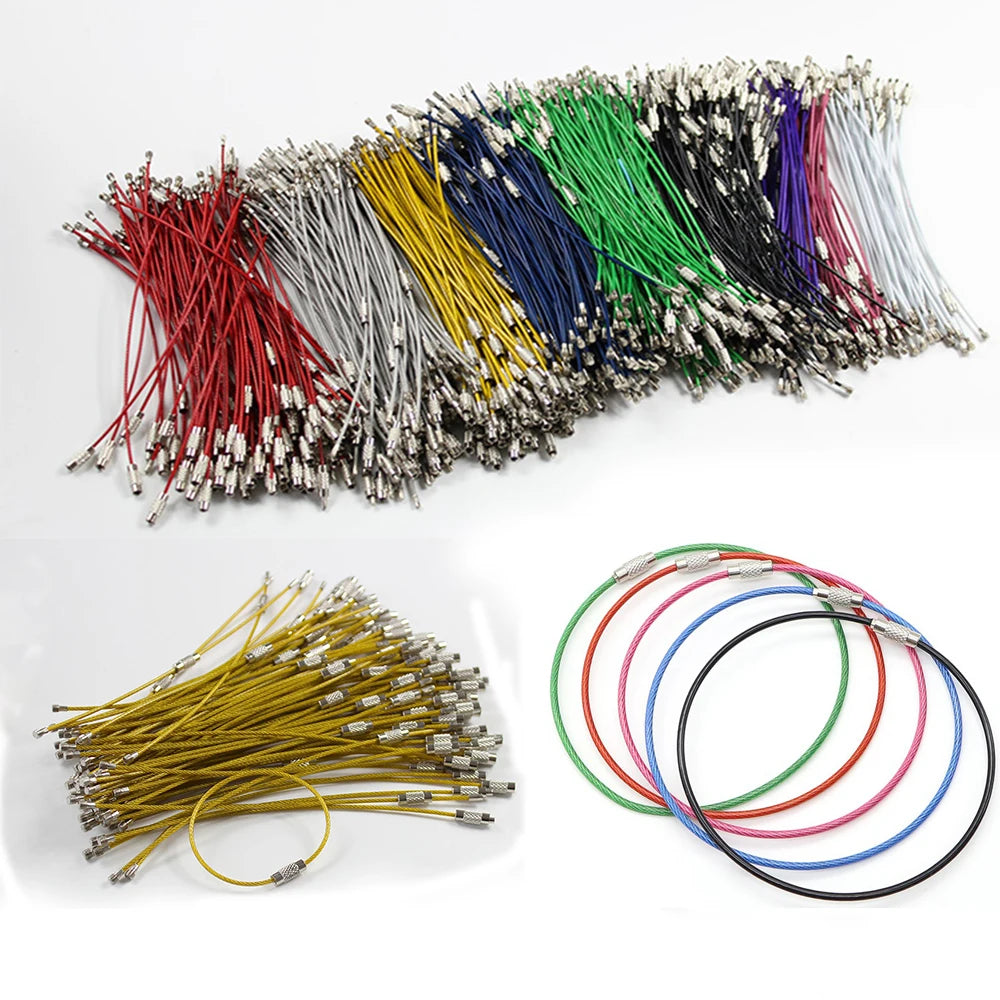 100Pcs Screw Locking Stainless Steel Wire Keychain Cable Rope Key Holder Keyring Key Chain Rings Cable Outdoor Hiking Keychains