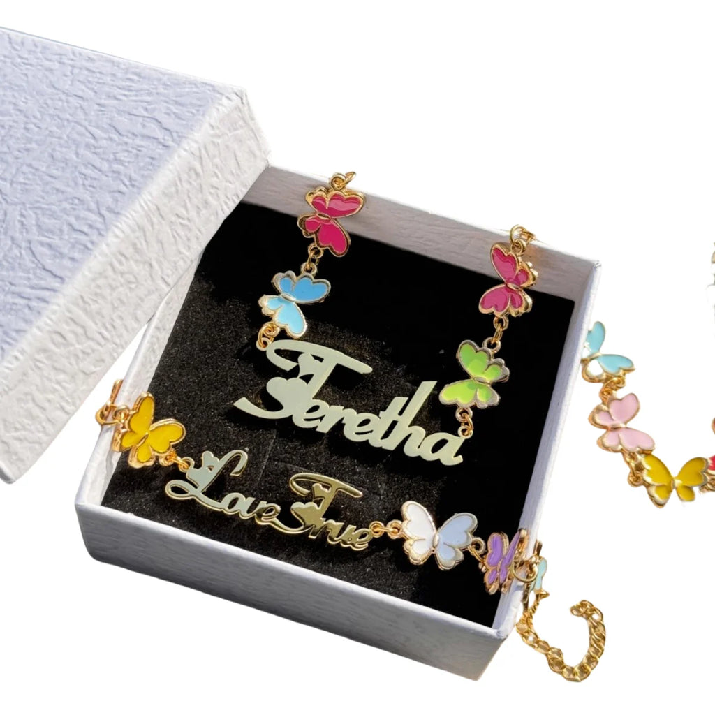 QIUHAN ODM Colorful Enamel Butterfly Necklace Charms Kids Jewelry Custom Name Set