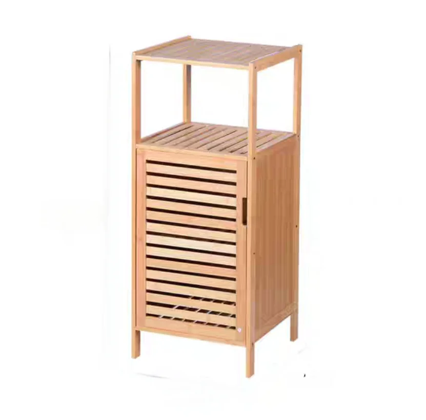 Solid Bamboo Storage Rack Freestanding Floor Cabinet with Slide Door Natural Wood Color for Home Living Room Furniture
