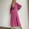 Vestidos Women Elegant Autumn Casual Dresses O Neck Hollow Out Long Sleeve Pink Floral Print Ladies Midi Maxi Dress With Zipper
