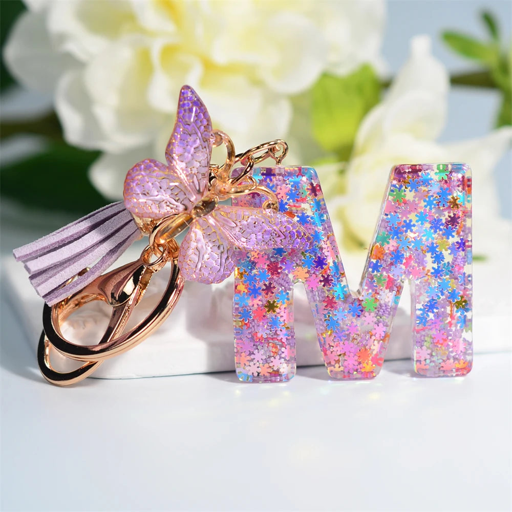 Keyring De Letra Custom 26 Initial Alphabet Letter Resin Tassel Charm Butterfly Resin Keychain Keyring De Letra De Resina