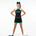 Custom Made Full Sublimation Printed Teal Girl's Cheerleading Uniform Top and Skirt Set Spandex/Polyester